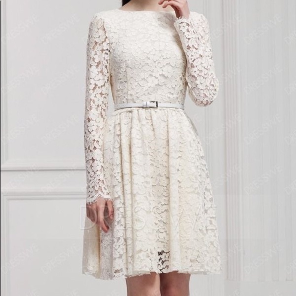 white lace long sleeve knee length wedding dress